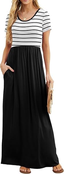 Women's Summer Round Neck Casual Short Sleeved Pocket Solid Color Floral Print Long Skirt