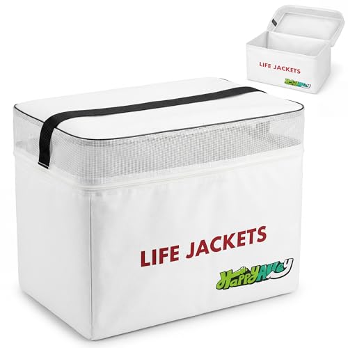HappyAlley Heavy Duty Life Vest Storage Bag, White Oxford Life Jacket Storage Bag with Carrying Handle, Fits 6 Type II Jackets for Boat, Kayak & Marine Safety Gear, Durable & Waterproof