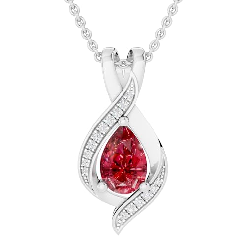 Dazzlingrock Collection 9x6mm Pear Lab Created Ruby & Round White Diamond Swirl Teardrop Pendant with 18 inch Silver Chain for Women in 10K Solid White Gold