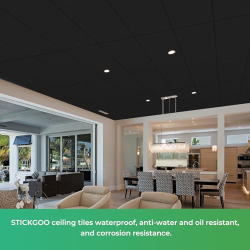 Image of STICKGOO Black Ceiling Tiles 2ft x 4ft, Smooth PVC Ceiling Panel - Waterproof, Fire-Rated, No Breakage - Decor Coverings 24 x 48in - 10 Pack Cover 80 Sq. Ft