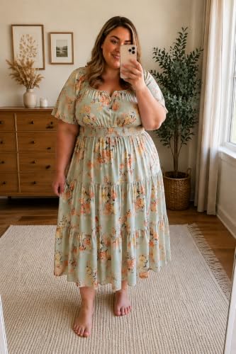 Image of RITERA Plus Size Dresses for Curvy Women Square Neck Short Sleeve Summer Floral Smocked Maxi Dress with Pocket XL-5XL