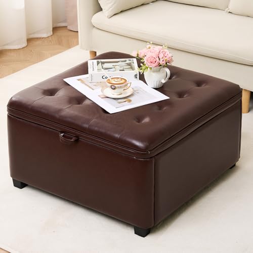 2BYF 4-in-1 Leather Storage Ottoman Large Hidden Storage Ottoman 30 Inches Square Ottoman Coffee Table with Soft-Close Hinge for Living Room (Brown)
