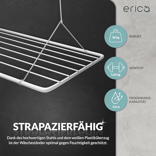 Erica Wäscheständer Decke 140x50cm, Platzsparend mit 11,2m Trocknungsfläche, Vertikal zusammenklappbar 2,5m, Deckenwäschetrockner aus Metall, Weiß
