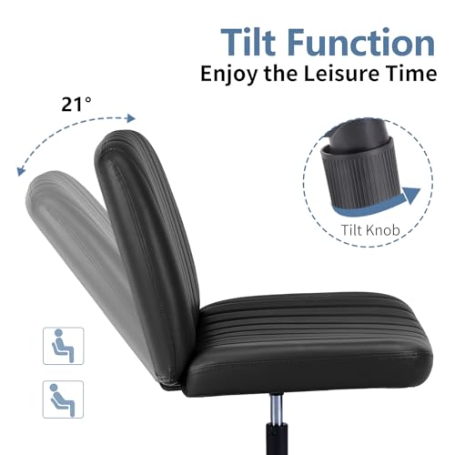 Image of DUMOS Criss Cross Chair No Wheels, Wide Seat Cross Legged Office Desk Vanity Chair, Faux Leather Armless Height Adjustable Swivel Task Computer Chairs for Home, Study, Black PU