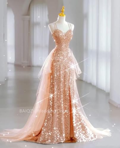 CWOAPO Spaghetti Straps Sequin Prom Dresses for Women Long Slit Ball Gown Mermaid Formal Dress with Tulle Train2