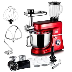 Koliber ROBOMAX X 3500W Küchenmaschine Multifunktion 8L Fleischwolf Mixer Gemüsereibe Knetmaschine Planetenmischer 6 Stufen Pulse Vollmetall Mechanik FASTLOCK Küchenmixer Rot