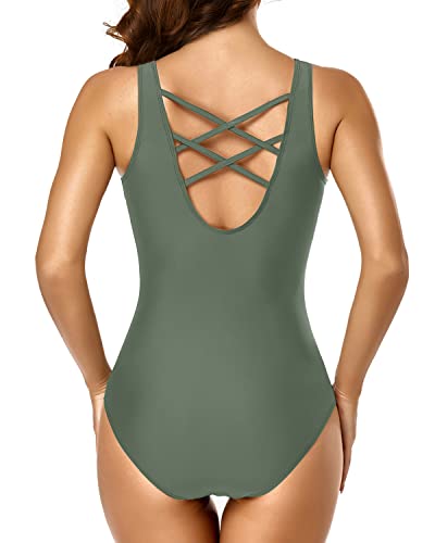 Tempt Me Olive Green Athletic Women One Piece Swimsuits Sport Training Bathing Suits Slimming Criss Cross Teen Girls Swimwear M #TOP1