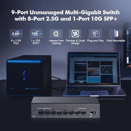 Image of 8 Port 2.5G Switch, 8 x 2.5GBASE-T Ports with 10G SFP+, 60Gbps Switching Capacity, Fanless Plug & Play YuLinca Unmanaged Network Switch