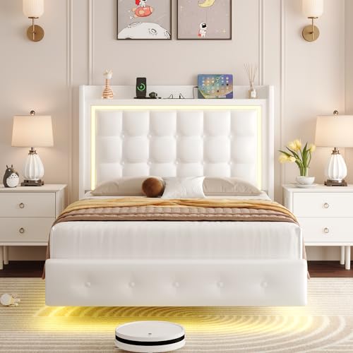 Keyluv Upholstered Twin Floating Bed Frame with LED Lights and Charging Station, Pu Leather Platform Bed with Button Tufted Storage Headboard, Type-C & USB Charging Ports, No Box Spring Needed, White - Thumbnail 4