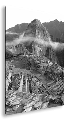 Machu Picchu Inka City décoration murale salon cadre bois tableau noir et blanc 90x60