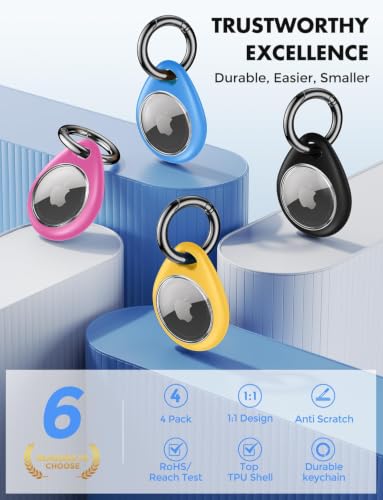 Image of UNBREAKcable Holder for Apple AirTag - 4 Pack [Fit Tightly Design] [Easy to Install] [Hold Air Tag Securely] Waterproof TPU Shell Protective Case with All Metal Keychain Key Ring Clip
