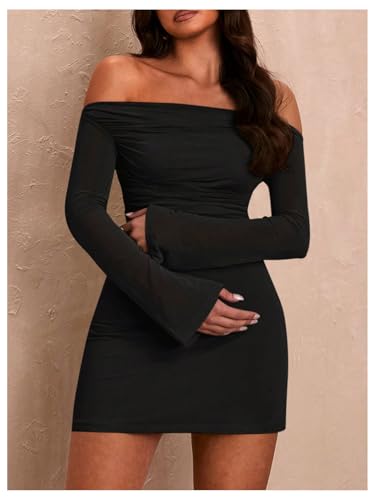 Image of SOLY HUX Women's Ruched Off The Shoulder Bodycon Mini Dress Long Sleeve Party Dresses