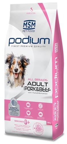 PODIUM - 14 Kg di Crocchette Cane Adulto Tutte le Razze con Manzo e Maiale – Alimento Completo ad Alta Appetibilità con Probiotici e Prebiotici per Digestione ed Energia Quotidiana