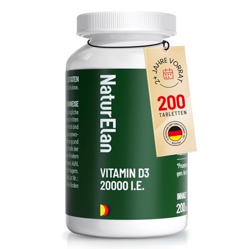 Vitamin D3 20000 I.E. Hochdosiert – 200 Tabletten im Jahresvorrat, Sonnenvitamin für Immunsystem, Vegetarisch, In Deutschland Produziert