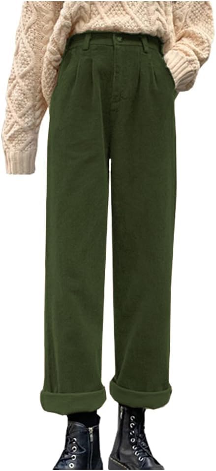 Women's Vintage High Waisted Straight Leg Corduroy Pants Trouser