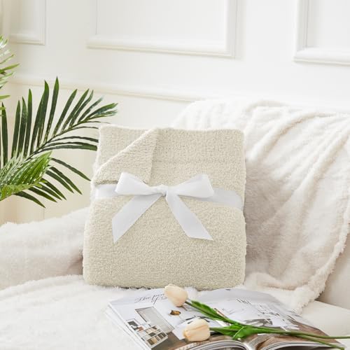 Image of CYMULA Super Soft Knit Throw Blanket Throw Size Beige - Lightweight Plush Fuzzy Fluffy Warm Cozy Blankets and Throws for Sofa Bed All Season Use, 50x60 inches