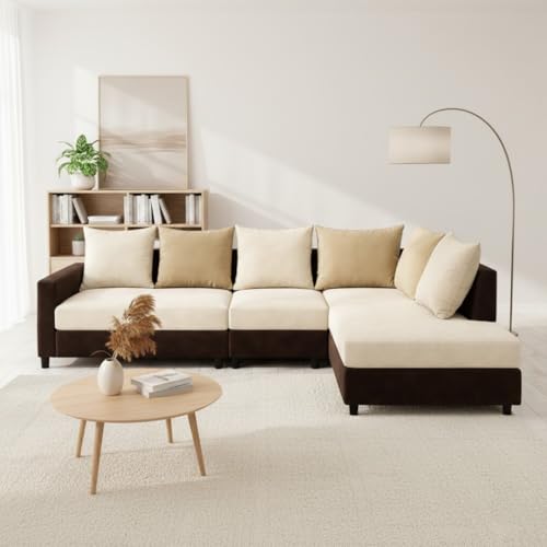 Image of FURNY Glory 6 Seater RHS Fabric Sofa Set (Dark Brown-Cream-Beige) with Velvet Finish | Durable Comfort | Ideal for Living Room. | Breathable material