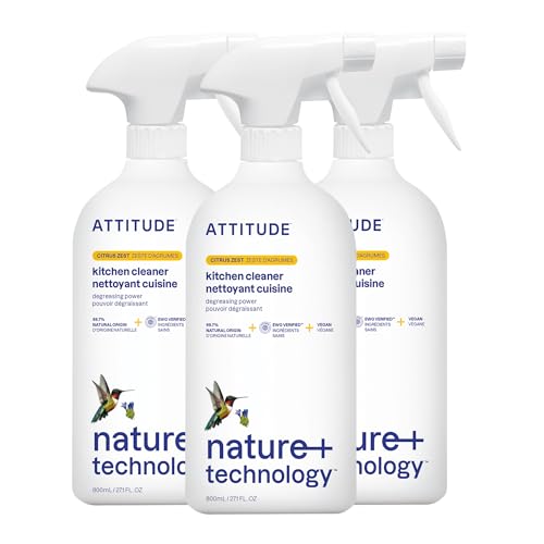 ATTITUDE Kitchen Cleaner Spray, EWG Verified, Degreaser Spray to Cut Grease & Grime, Plant-Based & Vegan, Citrus Zest Scent, 27.1 Fl Oz (Pack of 3)