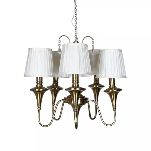 Image of Traditional Brass Chandelier, 5-Light and Double Wall Light & Single Wall Light White Fabric Shades, Chain-Mounted Ceiling Light (American, 1)