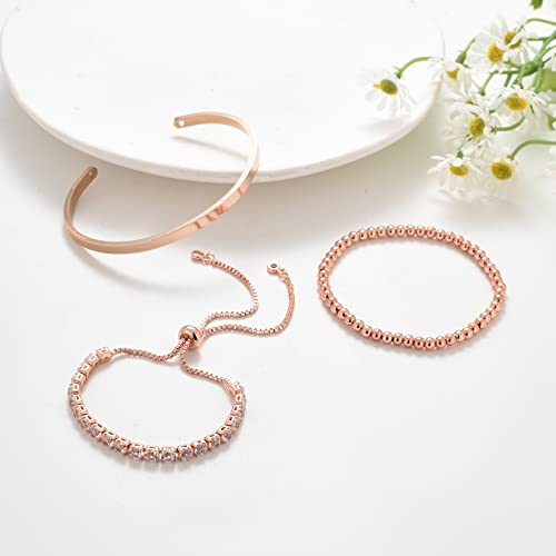 Starain Tennis Bracelets For Women White Cubic Zirconia Bling Bracelet,Rose Gold Copper Beaded Bracelet Cuff Bracelet Set thumb #6
