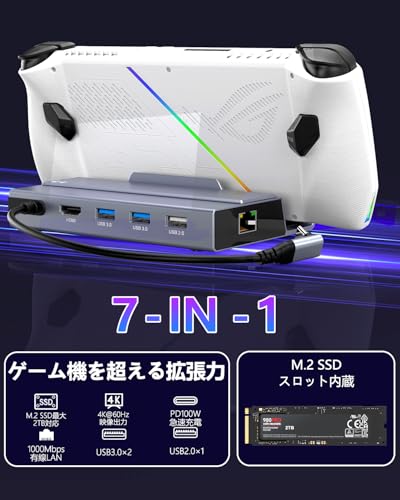 【2025新設計】ROG XBOX Ally X/Legion Go/Steam Deck OLED/MSI Claw/Switchドック 7-in-1 USB-C ハブドッキングステーション｜HDMI 4K@60Hz・RJ45ギガビットLAN・100W PD急速充電・M.2 SSDベイ(最大2TB)・USB3.0×2/USB2.0×1・アルミ合金筐体・過電流保護｜ゲーム機専用ドック