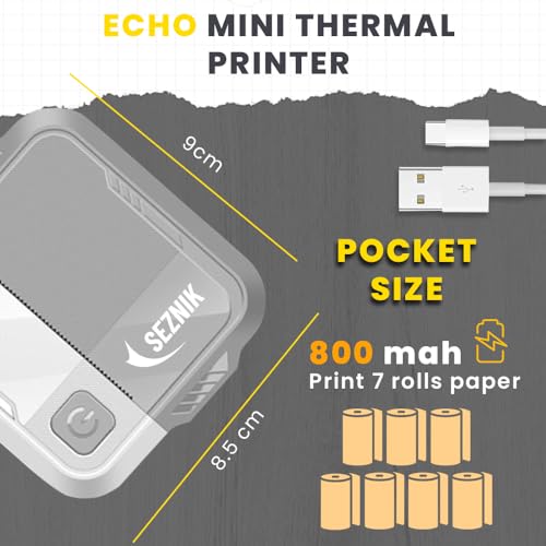 Image of SEZNIK Mini Printer, Inkless, Thermal, Bluetooth, Portable Printer, Compatible Android, iOS Mobile. 1 Year Warranty (Echo-StoneGrey)