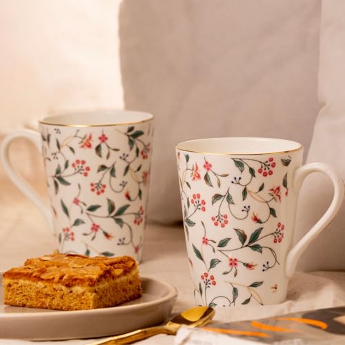Image of GOLDEN QUEEN'S Mugs Set of 2 for Coffee, Tea, Milk - Ideal for Your Daily Beverage Ritual, Hosting & Casual Gatherings - Leafy Blush & Pink Charm (24K Gold on Rim)