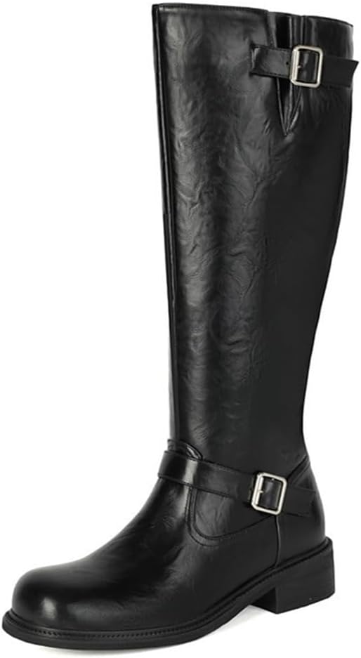 Women's Classic Round Toe Low Block Heel Riding Boots Knee High Wide Calf Buckle Strap Fashion Winter Shoes