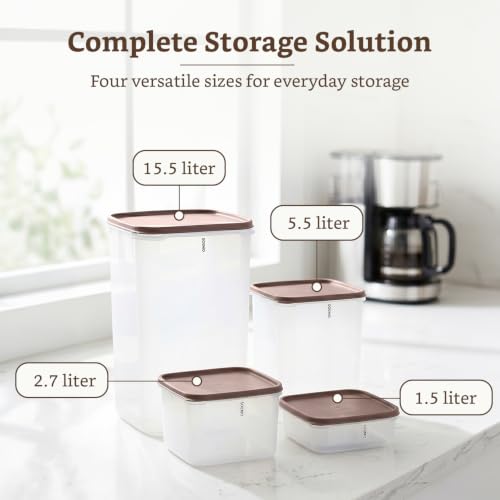 Image of Amazon Brand - Solimo Airtight Plastic Square Storage Containers Food Grade Set of 4(1.5L,2.7L,5.5L& 15.5L) | BPA-Free Durable Kitchen Storage | Stackable Pantry & Fridge Containers for Dry Food, Brown