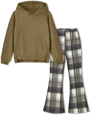 AMAWMW Girls Clothes Fashion Outfits 2 Piece Long Sleeve Hoodie Sweatshirt and Plaid Flare Pants Girls' Clothing Sets