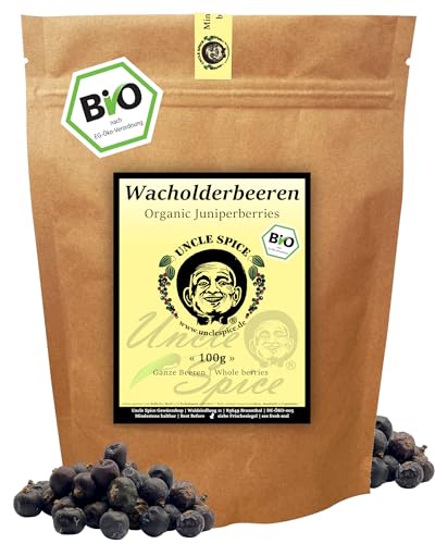 UNCLE SPICE BIO Wacholderbeeren - 100g ganze aromatische Wacholder-Beeren in Premiumqualität Juniper-Berries Würzig herb-süß & leicht harzig DE-ÖKO-005