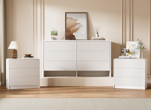 Image of Furniway Bedroom Dresser Set 3 Piece, 6 Drawer Curved Dresser with 2 Nightstands, Modern Fluted Wood Storage Cabinet, White Chest of Drawers with Pop-Up Design, White