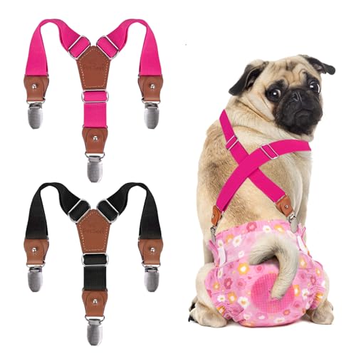 Image of Pet Soft Dog Suspenders 2 Pieces Female Dog Diaper Suspenders for Dogs Diaper Keeper Suspender for Skirt, Dress, Diapers (Black & Pink, XS /S)