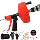 【New】50 FT Double Mode Drain Snake Tools, 11-in-1 Drain Auger for Sink and Drain Unblocking, Plumbing Snake for Kitchen, Bathrom and Shower Sink, Snake for Real DYIs (Red)