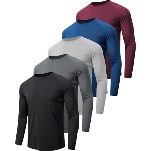 miijoory 5 Piezas Camisetas Manga Larga Hombre Camiseta Deporte Hombre de Secado Rápido Respirable UV Protección Solar para Gimnasio Running (L,Negro, Azul, Gris Oscuro, Verde Militar, Rojo)