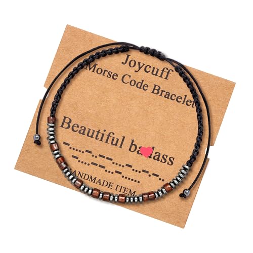 JoycuFF Beautiful Badass Inspirational Bracelet Morse Code Bracelets Gift for Men Women Birthday Christmas Gifts Cord Wrap Wood Beads Bracelets Gift