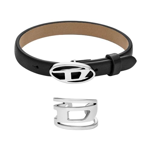Diesel Men's Leather Stackables Black Bracelet and Silver-Tone Stainless Steel Earrings, Set