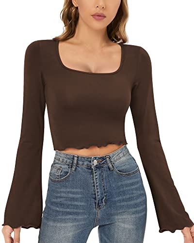 CLOZOZ Crop Tops for Women Square Neck Long Bell Sleeve Tops