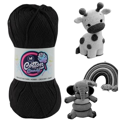 Image of NESTNHAVEN Cotton Candy 100% Cotton Yarn - (100g, 185 Meters) - Luxury Yarn for Crochet, Amigurumi, Embroidery, Toys, Garments, Flowers and Hobby, Projects. (Black) | (200 Gm)