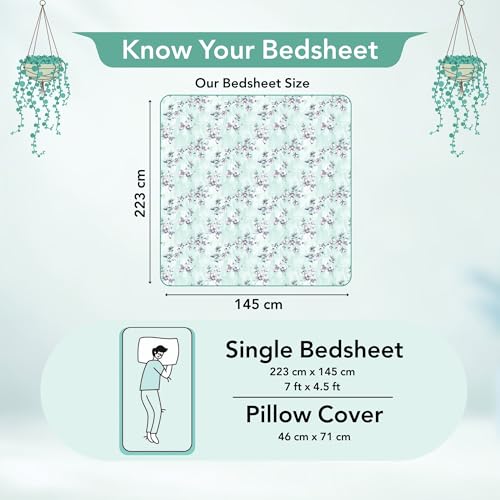 Image of Divine Casa 144 TC Cotton Single Bedsheet with 1 Pillow Cover | Soft Breathable Bedsheet for Single Bed | Modern Printed Bed Sheet Set for Bedroom & Guest Room | 145 x 223 cm (Mint Green, Floral)