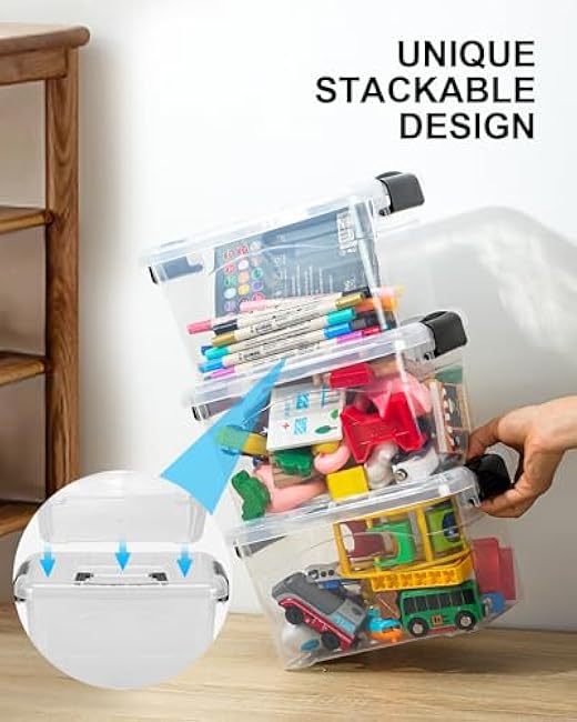 Plastic Storage Bins 7 Quart-Storage Organizer Bins with Black Buckle Lids, Stackable Storage Bins with Lids for Home Office Kids Room Closet School Art Supplies Organization,6 Packs, Clear