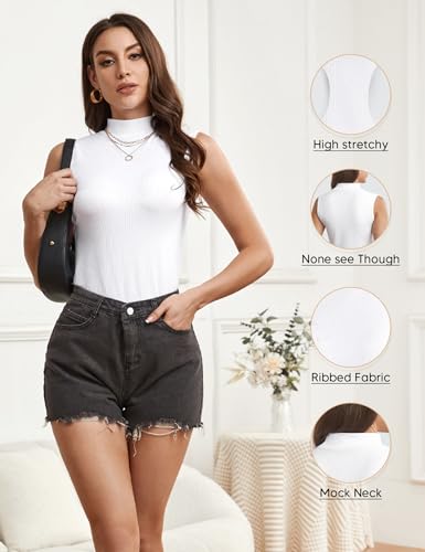 Image of Women's Mock Turtleneck Top Sleeveless Solid Rib Knit Form Fitting Scoop Tank Tops Basic Cami Shirts