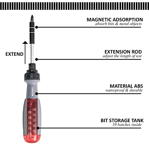 Screwdriver Set, 10-Piece In 1 Two-Way Telescopic Adjustable Ratchet Screwdriver With 10 Bits, Magnetic Extension Bit Holder, Metal Steel, Universal Interface 1/4 6.35Mm (Red And Gray) #TOP2