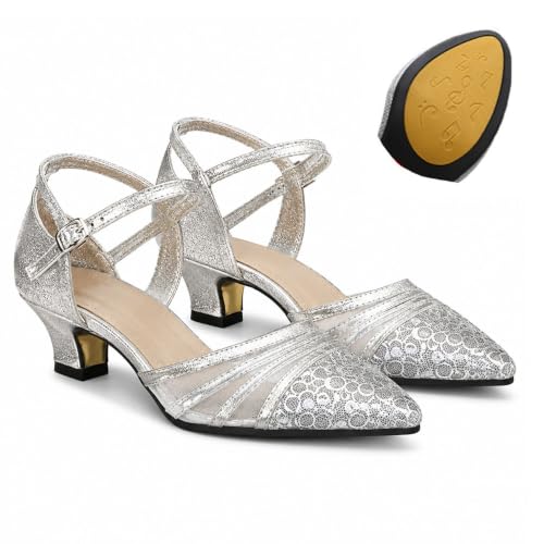 Hixingo Zapatos de Baile Latino Mujer,Salsa y Bachata Cerrados Tango Tacon de 3,5 cm, Salón Moderno Tango cha-cha Vals,Zapatos de Baile de Salón (302 Plata,42)