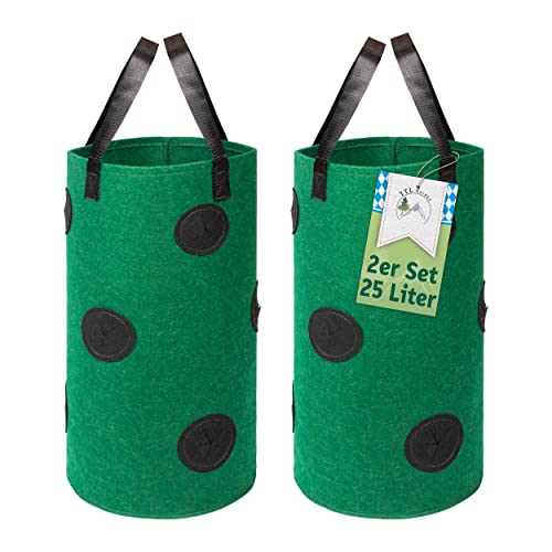 TTL Garden 2X 25L Pflanzsack hängend oder stehend - 2er Set große 25 Liter Vlies Pflanzentasche Erdbeer Ampel Pflanzturm Pflanzbeutel mit 10 Pflanz Löchern für Erdbeeren Kräuter & Blumen - grün