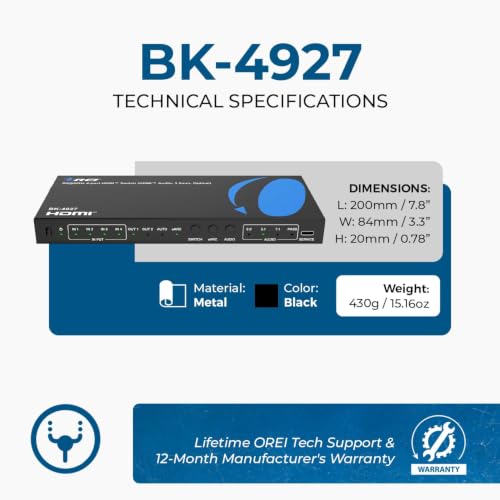 Image of OREI 8K 4-Port HDMI Audio Extractor Switch 4x1 with eARC /ARC Support - 48Gbps HDMI 2.1, 4K@120Hz, Dolby Vision, Dolby Atmos, CEC, HDR10+, eARC to HDMI Output for AV Receiver, Remote Control - BK-4927