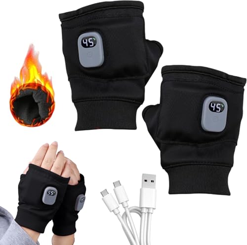 Heated Gloves,Portable Heating Gloves with Digital Display, Smart Thermostatic Heated Fingerless Gloves,Warming for Work Cycling Skiing Outdoor Snow (Black)
