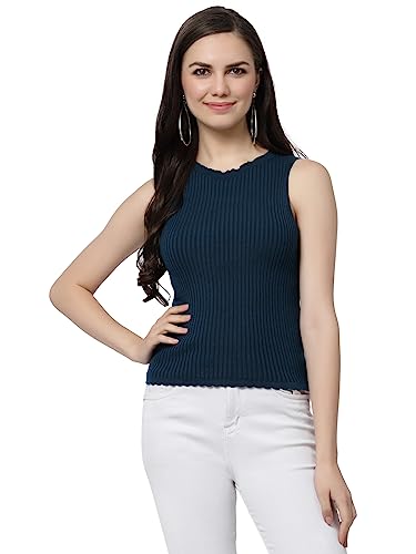 Image of Kalt Womens Knitted, Ribbed Cotton Fitted Sleeveless Round Neck Cami Tank Top