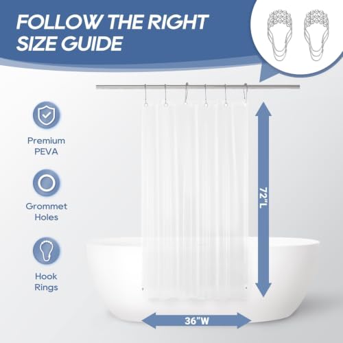 Image of downluxe Clear Shower Curtain Liner with Hooks, Plastic Shower Liner, 36 inch W x 72 inch L Lightweight Shower Curtains for Bathroom(6 Hooks, 1PC)