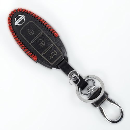 Image of Leather Smart Car Key Cover Case with Metal Hook Keychain for Nissan Micra, Sunny(Black)